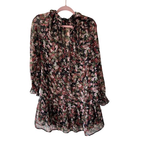 Mango Boho Sheer Chiffon Floral Mini Dress Size 6 Cottage Ethereal Festival - Picture 2 of 7